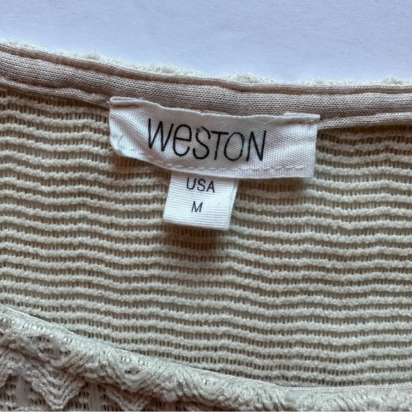 🍓Weston Anthropologie Arcata Beige Dress Feather Print Stretch Top Sz Small M - Picture 12 of 15